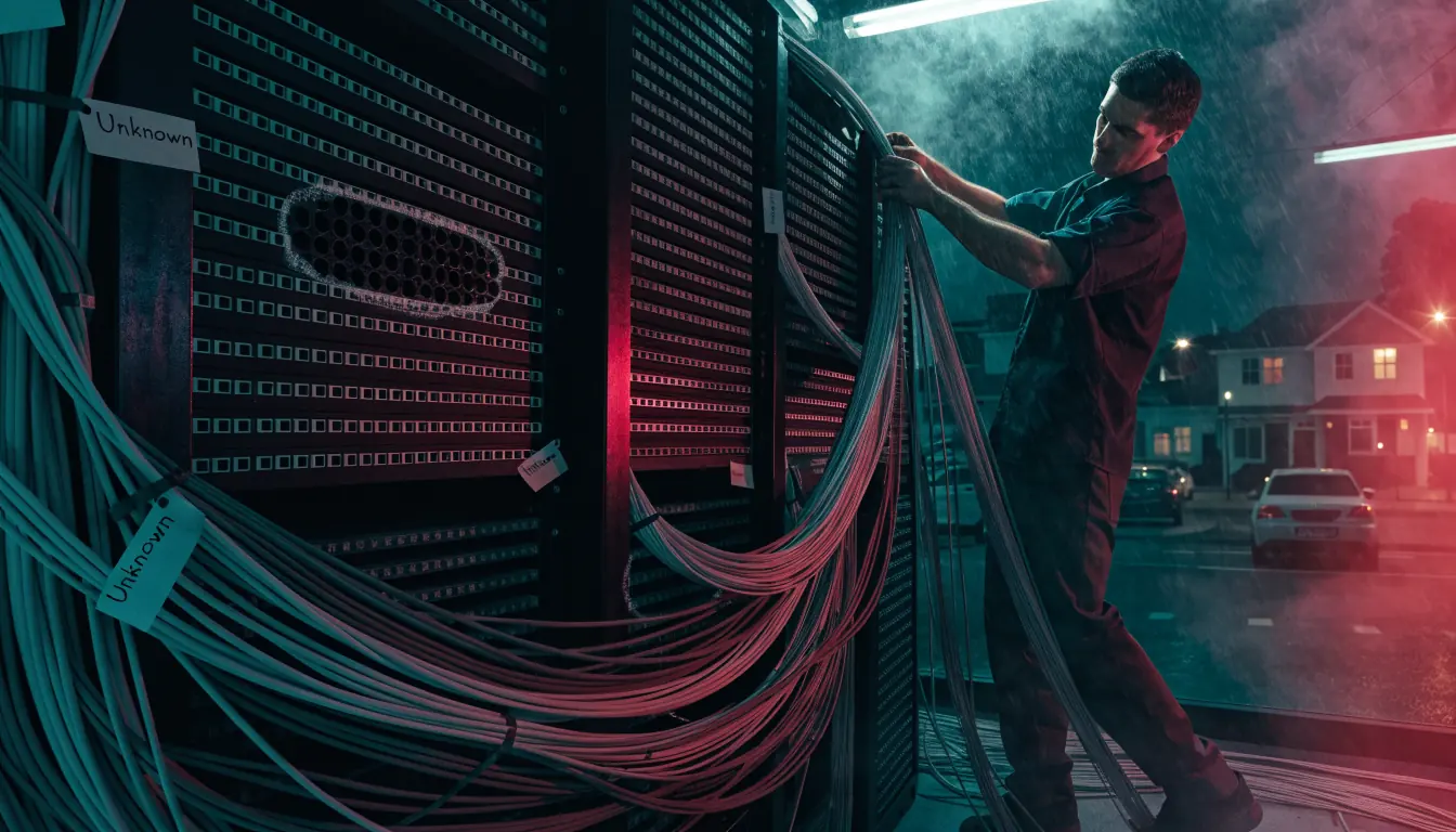 Technician working on a marked cable rack in a lit exchange room.