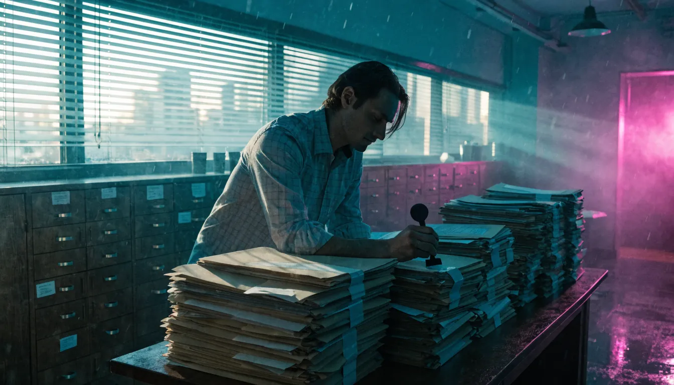 Office worker reviewing sealed folders at a desk in a sunlit Australian office.