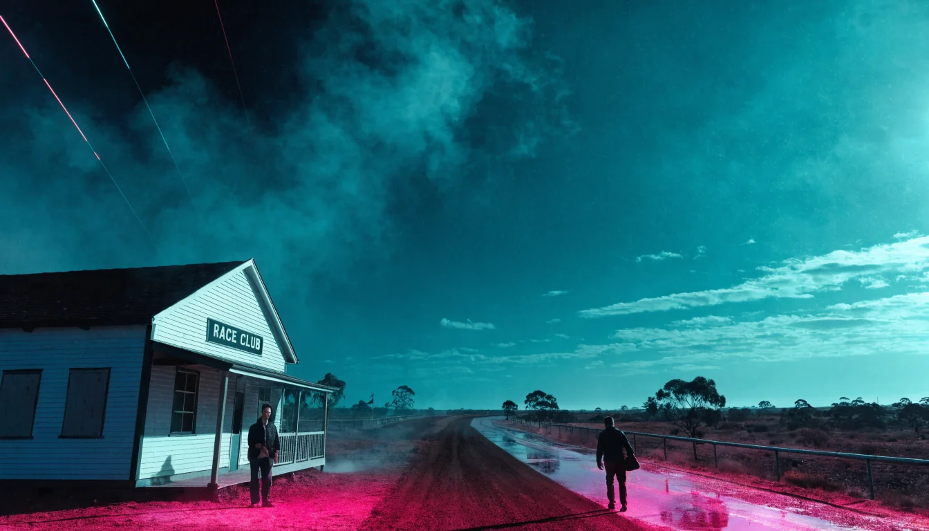 White weatherboard race club beside a red dirt track under outback sky.